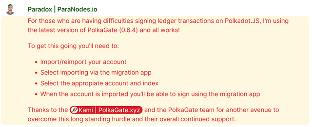 Fig. 4. Paradox, Credited Validator and Former Kusama Council Member, commends PolkaGate’s quick integration of the new Polkadot Generic app for Ledger devices