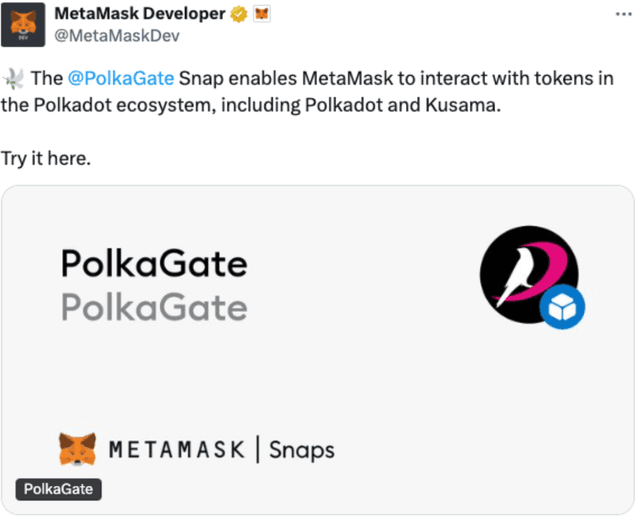 Fig.8. Showcase of the PolkaGate Snap by  MetaMask Developer on X